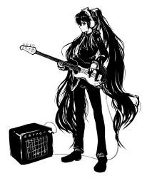 Rule 34 | amplifier, audio-technica, bass guitar, greyscale, hair ornament, hatsune miku, headphones, highres, hood, hoodie, instrument, long hair, monochrome, pas (paxiti), solo, very long hair, vocaloid