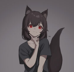 Rule 34 | 1girl, absurdres, animal ear fluff, animal ears, black shirt, brown hair, ellu, fang, fang out, grey background, highres, looking at viewer, original, red eyes, shirt, short hair, short sleeves, simple background, skin fang, smile, tail