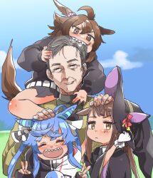 Rule 34 | 1boy, 3girls, adjusting clothes, adjusting headwear, ahoge, animal ears, biting, black robe, black skirt, black sweater, blue hair, blue sky, blush, bow, braid, brown eyes, brown hair, closed eyes, closed mouth, commentary request, crossed bangs, day, double v, ear ornament, gloves, grey hair, hair bow, hand on another&#039;s head, hand up, hands up, hat, headpat, hood, hoodie, horse ears, horse girl, horse tail, light frown, long sleeves, looking at viewer, mrgueen, multicolored clothes, multicolored hoodie, multiple girls, old, old man, open mouth, outdoors, robe, sharp teeth, shinko windy (umamusume), sidelocks, sitting on shoulder, skirt, sky, smile, striped bow, stuffed animal, stuffed rabbit, stuffed toy, sweater, sweep tosho (umamusume), tail, teeth, twin turbo (umamusume), twintails, umamusume, upper teeth only, v, v-shaped eyebrows, white gloves, witch hat, wrinkled skin