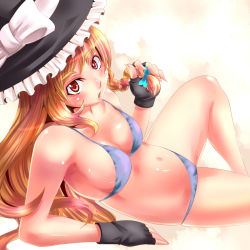 Rule 34 | 1girl, bikini, blonde hair, braid, breasts, female focus, fingerless gloves, gloves, gradient background, hat, kirisame marisa, long hair, lying, nagare, on side, red eyes, solo, swimsuit, touhou, white background, witch, witch hat