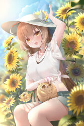 Rule 34 | 1girl, :d, ahoge, alternate costume, arm up, brown eyes, brown hair, clothing cutout, cloud, cloudy sky, crossed bangs, dress, flower, frilled shirt, frills, hair ornament, hairclip, hat, hololive, hololive english, hootsie (nanashi mumei), jewelry, long hair, looking at viewer, mujinbensin, multicolored hair, nanashi mumei, neck ribbon, necklace, open mouth, petting, ribbon, shirt, short shorts, shorts, shoulder cutout, sitting, sky, smile, streaked hair, sun, sun hat, sundress, sunflower, tied shirt, very long hair, virtual youtuber