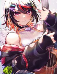 Rule 34 | bare shoulders, ben-day dots, black hair, black jacket, blush, closed mouth, earrings, guitar, hair ornament, hairclip, heart collar, highres, holding, holding guitar, holding instrument, instrument, jacket, jewelry, live a hero, looking at viewer, manami (fearfac666), medium hair, multicolored hair, official alternate costume, oversized clothes, red eyes, red hair, screentones, sensettia (live a hero), shirt, two-tone hair, upper body, white shirt, white wings, wings, zipper