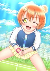 Rule 34 | 1girl, absurdres, alternate hairstyle, artist name, artist request, bare legs, blue jacket, blue sky, breasts, clothes writing, cloud, collarbone, collared jacket, day, female focus, green eyes, hair between eyes, hair ornament, hair scrunchie, highres, holding, holding tennis racket, hoshizora rin, jacket, long sleeves, looking at viewer, love live!, love live! school idol project, miniskirt, orange hair, outdoors, parted lips, pink wristband, plaid, plaid skirt, pleated, pleated skirt, ponytail, racket, scrunchie, short hair, side ponytail, skirt, sky, small breasts, smile, solo, teeth, tennis racket, upper body, wristband, yellow eyes, yellow scrunchie, yellow skirt
