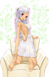 Rule 34 | 1girl, ass, back, backless dress, backless outfit, barefoot, blush, breasts, dress, earrings, facial mark, feet, forehead mark, highres, jewelry, kazeno, kneeling, long hair, looking at viewer, looking back, medium breasts, original, panties, parted bangs, red eyes, see-through, silver hair, soles, solo, tattoo, toes, underwear