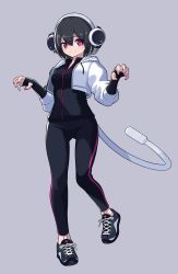 Rule 34 | 1girl, bad id, bad pixiv id, black hair, claw pose, commentary request, crop top, fake tail, full body, headgear, highres, hood, hoodie, looking at viewer, nail polish, original, purple eyes, shoes, short hair, smile, sneakers, solo, standing, standing on one leg, t-naka-s-12, tail, track suit