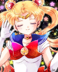 Rule 34 | 1girl, back bow, bishoujo senshi sailor moon, black background, blonde hair, blue sailor collar, bow, brooch, choker, circlet, crescent, crescent earrings, double bun, earrings, elbow gloves, closed eyes, facing viewer, gloves, jewelry, kurokuzu (milkyway792), long hair, magical girl, red bow, red neckwear, sailor collar, sailor moon, sailor senshi uniform, signature, smile, solo, star (symbol), starry background, tsukino usagi, twintails, upper body, white gloves
