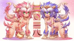 Rule 34 | 2018, 2girls, abstract background, animal ears, animal hands, bell, blue hair, dog girl, green eyes, hair ornament, highres, horns, komainu, long hair, looking at viewer, multiple girls, pink hair, single horn, symmetry, tail, tsukigami chronica