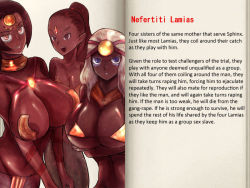 Rule 34 | 3girls, breasts, character profile, dark-skinned female, dark skin, lamia, mon-musu quest!, monster girl, multiple girls, nefertiti lamia (monmusu quest!), text focus, translated