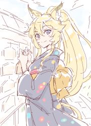 Rule 34 | 1girl, black kimono, blonde hair, blue eyes, blush, closed mouth, day, e20, ema, from side, hair between eyes, hands up, high ponytail, holding, japanese clothes, kimono, looking at viewer, looking to the side, obi, outdoors, ponytail, rararin (show by rock!!), sash, show by rock!!, sketch, smile, solo
