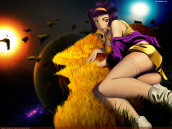 Rule 34 | 1990s (style), 1girl, ass, cowboy bebop, faye valentine, female focus, green eyes, hairband, highres, lying, outdoors, purple hair, retro artstyle, scarf, solo, space, thighhighs, watermark