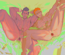 Rule 34 | 2boys, abs, anal, anus, ass, erection, father and son, gaping, gaping anus, kurosaki ichigo, kurosaki isshin, large pectorals, legs apart, lowres, male ass, male focus, male penetrated, multiple boys, muscular, muscular arms, muscular legs, muscular male, muscular uke, nipples, nude, pectorals, penis, pink anus, spread legs, thighs, toned, toned male, toned stomach, yaoi