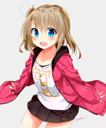 Rule 34 | 1girl, :d, black skirt, blue eyes, blush, brown hair, collarbone, commentary request, cowboy shot, grey background, idolmaster, idolmaster (classic), idolmaster cinderella girls, idolmaster stella stage, jacket, looking at viewer, open clothes, open jacket, open mouth, pink jacket, sasahara wakaba, shirt, short hair, simple background, skirt, smile, solo, tada riina, twitter username, white shirt
