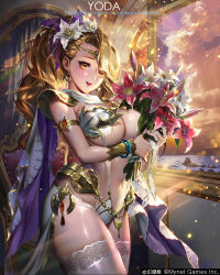 Rule 34 | 1girl, armchair, armlet, armor, artist name, bikini armor, blonde hair, bouquet, bracelet, breasts, butterfly ornament, cape, center opening, chair, cowboy shot, curtains, diadem, earrings, flower, gem, hair flower, hair ornament, highres, holding, holding bouquet, indoors, jewelry, lace-up legwear, large breasts, light particles, long hair, looking at viewer, maboroshi juuhime, navel, orange eyes, pauldrons, ponytail, purple cape, red flower, revealing clothes, ribbon, ring, see-through, shoulder armor, showgirl skirt, side slit, slingshot swimsuit, smile, solo, swept bangs, swimsuit, twilight, two-sided cape, two-sided fabric, two-tone cape, watermark, web address, white cape, white flower, window, yoda (ayanamikodon)