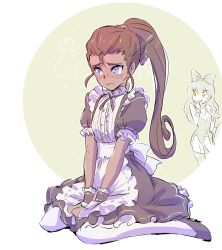 Rule 34 | 2girls, apron, blake belladonna, blue eyes, blush, bow, breasts, brown hair, closed mouth, commentary request, dress, embarrassed, facing another, faunus (rwby), frilled dress, frills, full body, giggling, hair bow, hair ribbon, hair tie, hand up, happy, high ponytail, iesupa, ilia amitola, kneeling, long hair, looking at another, looking to the side, maid, maid apron, medium breasts, multiple girls, navel, pantyhose, parted lips, partial monochrome, partially colored, ponytail, ribbon, rwby, shoes, short sleeves, sitting, small breasts, smile, spots, standing, tan, thighhighs, wariza, wavy mouth, white legwear, wristband, yellow eyes