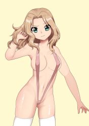 Rule 34 | 1girl, blonde hair, blush, breasts, closed mouth, covered erect nipples, girls und panzer, green eyes, highres, kay (girls und panzer), koubokudeyansu, large breasts, looking at viewer, navel, one-piece swimsuit, pink one-piece swimsuit, shiny skin, slingshot swimsuit, smile, solo, swimsuit, thighhighs, white thighhighs