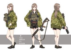 Rule 34 | 1girl, absurdres, black shirt, brown eyes, brown hair, camouflage, camouflage jacket, camouflage shorts, collarbone, earrings, green jacket, grey background, gun, hair ornament, hairclip, hand in pocket, highres, holding, holding gun, holding weapon, jacket, jewelry, long hair, long sleeves, mole, mole under mouth, multiple views, open clothes, open jacket, original, profile, puffy long sleeves, puffy sleeves, shirt, short shorts, shorts, standing, two-tone background, utsuda, weapon, weapon request, white background