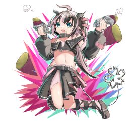 Rule 34 | 1girl, :t, ahoge, baked potato, belt, belt collar, black belt, black footwear, black hair, black jacket, black skirt, black sleeves, bloomers, blue eyes, bra, collar, commentary request, cropped jacket, demon girl, demon horns, demon tail, detached sleeves, dual wielding, fangs, flat chest, foil, food, food on face, full body, grey horns, hair ribbon, highres, holding, holding food, horns, jacket, jumping, long hair, long sleeves, looking at viewer, medium bangs, midriff, multicolored hair, nanashi inc., navel, off shoulder, oinomori may, oinomori may (1st costume), one side up, open clothes, open jacket, open mouth, pink bloomers, pink bra, pink hair, pink ribbon, pink socks, pleated skirt, pointy ears, ribbon, roasted sweet potato, shiranui enki, shoes, skirt, sleeveless, sleeveless jacket, smile, socks, solo, studded footwear, sweet potato, tail, transparent background, two-tone hair, underwear, virtual youtuber