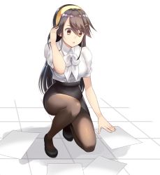 Rule 34 | 10s, 1girl, :o, arm up, bad id, bad pixiv id, black footwear, black skirt, bow, bowtie, brown eyes, brown hair, brown pantyhose, chestnut mouth, collared shirt, dress shirt, eko, eyebrows, hair between eyes, hair ornament, hairband, hairclip, hand in own hair, haruna (kancolle), kantai collection, kneeling, long hair, office lady, on one knee, open mouth, pantyhose, paper, pencil skirt, puffy short sleeves, puffy sleeves, shirt, shoes, short sleeves, skirt, solo, tareme, very long hair, white bow, white bowtie, white shirt