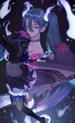 Rule 34 | 1girl, absurdres, aqua hair, black thighhighs, creatures (company), detached sleeves, game freak, gen 4 pokemon, ghost, ghost miku (project voltage), glitch, gradient hair, grey shirt, hair between eyes, hatsune miku, highres, l000ading, long hair, looking at viewer, mismagius, multicolored hair, nintendo, parted lips, pokemon, pokemon (creature), project voltage, see-through, see-through skirt, shirt, skirt, thighhighs, twintails, very long hair, vocaloid, will-o&#039;-the-wisp (mythology), yellow eyes