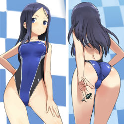 Rule 34 | 1girl, alice gear aegis, arm at side, arm behind back, ass, back cutout, bare arms, bare shoulders, between fingers, blue eyes, blue hair, blush, checkered background, checkered wall, clothing cutout, commentary, competition swimsuit, cowboy shot, ears visible through hair, from behind, hand on back, hand on leg, hand on own hip, highleg, highleg swimsuit, holding, light smile, long hair, looking at viewer, multiple views, nikitou kanade, one-piece swimsuit, parted hair, shimada fumikane, standing, straight hair, swimsuit