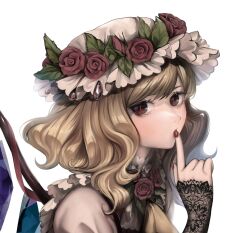 Rule 34 | 1girl, blonde hair, bloom, crystal, embellished costume, eyebrows hidden by hair, finger to mouth, fingernails, flandre scarlet, flower, hand up, hat, hat flower, highres, index finger raised, looking at viewer, medium hair, miyako yamamoto, mob cap, nail polish, portrait, red eyes, red flower, red nails, red rose, rose, simple background, slit pupils, solo, swept bangs, touhou, upper body, white background, wings