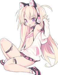 Rule 34 | 1girl, :d, animal ear headphones, animal ears, bare shoulders, blade (galaxist), blonde hair, blush, breasts, cat ear headphones, cat ears, collarbone, fake animal ears, fang, fingernails, hair between eyes, hand up, headphones, jacket, knee up, loafers, long hair, long sleeves, looking at viewer, miniskirt, off shoulder, open clothes, open jacket, open mouth, original, pink footwear, pink skirt, plaid, plaid skirt, pleated skirt, purple eyes, shoes, simple background, sitting, skin fang, skirt, sleeves past wrists, small breasts, smile, solo, two side up, very long hair, white background, white jacket