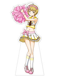 Rule 34 | 1girl, alternate costume, arms up, beret, blonde hair, blunt bangs, bow, bow skirt, cheerleader, closed mouth, clothes writing, commentary, cross-laced footwear, cutlass (girls und panzer), double horizontal stripe, frilled skirt, frills, full body, girls und panzer, hair bow, hat, holding, holding pom poms, kneehighs, light frown, logo, looking at viewer, maid headdress, midriff, miniskirt, navel, oosaka kanagawa, pink bow, pink hat, pleated skirt, pom pom (cheerleading), pom poms, sailor collar, shirt, shoes, short hair, skirt, sleeveless, sleeveless shirt, socks, solo, standing, tilted headwear, white background, white footwear, white hat, white shirt, white skirt, white socks, yellow eyes