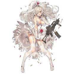 Rule 34 | 1girl, assault rifle, banned artist, beret, blush, bouquet, braid, breasts, bridal veil, bride, bullet, choker, cleavage, covering crotch, covering privates, crossed legs, damaged, dress, dress tug, elbow gloves, flower, full body, g36c (girls&#039; frontline), garter straps, girls&#039; frontline, gloves, gun, h&amp;k g36c, hair over one eye, hand up, hat, high heels, lace, lace-trimmed legwear, lace trim, large breasts, lifting own clothes, long hair, looking at viewer, official alternate costume, official art, open mouth, parsley-f, petals, red eyes, red flower, red rose, rifle, rose, shell casing, side braid, sidelocks, silver hair, solo, strapless, strapless dress, thighhighs, torn clothes, transparent background, veil, very long hair, watson cross, wavy hair, weapon, wedding dress, white dress, white footwear, white gloves, white hat, white thighhighs