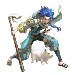 Rule 34 | 1boy, 1other, animal, belt, blue hair, bodysuit, bracelet, braid, braided ponytail, child, closed mouth, cu chulainn (fate), dagger, dog, earrings, fang, fate/grand order, fate/grand order arcade, fate (series), full body, grin, holding, holding dagger, holding knife, holding staff, holding weapon, jewelry, kim yura (goddess mechanic), knife, long hair, male focus, puffy pants, puppy, red eyes, sandals, setanta (fate), sheath, sheathed, simple background, smile, staff, standing, toes, twitter username, type-moon, weapon, white background