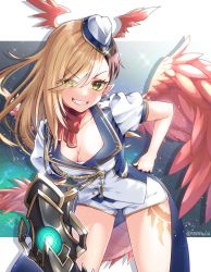 Rule 34 | 1girl, blonde hair, breasts, brown hair, cleavage, commentary request, cowboy shot, ear piercing, eyes visible through hair, feathered wings, garrison cap, gauntlets, green eyes, grin, hand on own hip, hat, head wings, highres, kaya (princess connect!), kaya (time travel) (princess connect!), leaning to the side, letterboxed, looking at viewer, medium breasts, multicolored hair, open mouth, piercing, princess connect!, puffy short sleeves, puffy sleeves, reina (rrrrei12), shirt, short sleeves, shorts, single gauntlet, smile, solo, tail, teeth, twitter username, two-tone hair, v-shaped eyebrows, white shirt, white shorts, wings