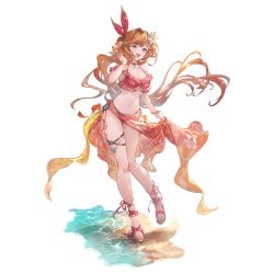 Rule 34 | 1girl, alpha transparency, bare shoulders, beach, bikini, bracelet, breasts, clarisse (granblue fantasy), clarisse (summer) (granblue fantasy), cleavage, collarbone, flower, full body, granblue fantasy, hair flower, hair ornament, halterneck, jewelry, long hair, looking at viewer, medium breasts, minaba hideo, navel, official art, open mouth, orange hair, red bikini, sand, sandals, sarong, smile, solo, swimsuit, transparent background, water, white flower
