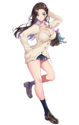 Rule 34 | 1girl, arm behind head, ass, bag, beige cardigan, blue eyes, blue socks, breasts, brown footwear, brown hair, cardigan, cleavage, collared shirt, expressionless, floating hair, full body, hand in pocket, jewelry, large breasts, loafers, long hair, looking at viewer, necklace, original, parted bangs, partially unbuttoned, plaid, plaid skirt, pleated skirt, sage joh, school bag, school uniform, shirt, shoes, sidelocks, simple background, skirt, socks, solo, thighs, underwear, very long hair, white background