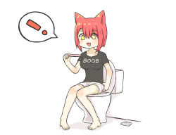 Rule 34 | !, 1girl, animal ears, bare legs, breasts, cat ears, greenteaneko, highres, open mouth, original, pregnancy test, red hair, shirt, short shorts, shorts, sitting, smile, solo, spoken exclamation mark, t-shirt, toilet, yellow eyes