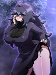 Rule 34 | 1girl, @ @, ahoge, aura, bare legs, breasts, clothes lift, creatures (company), dress, dress lift, energy, game freak, glowing, hairband, hand on own cheek, hand on own face, hex maniac (pokemon), highres, huge breasts, long hair, messy hair, nintendo, panties, plump, pokemon, pokemon xy, purple eyes, purple hair, shaded face, side-tie panties, sweater, sweater dress, thick thighs, thighs, underwear, yensh
