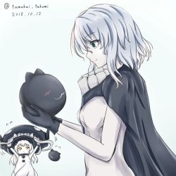 Rule 34 | :3, abyssal ship, artist request, bad id, bad twitter id, bodysuit, cape, colored skin, commentary request, dated, dress, flying sweatdrops, green eyes, hat, headgear, horns, kantai collection, long hair, northern ocean princess, one-hour drawing challenge, pale skin, simple background, sleeveless, smile, teeth, tentacles, twitter username, white dress, white hair, white skin, wo-class aircraft carrier, yellow eyes