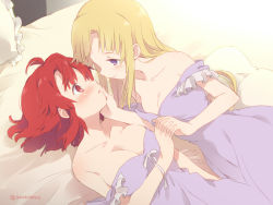 Rule 34 | 10s, 2girls, asoka, bed, blonde hair, blush, breasts, cleavage, couple, embarrassed, holding hands, hand on own chin, imminent kiss, interlocked fingers, izetta, looking at another, lying, multiple girls, nightgown, ortfine fredericka von eylstadt, purple eyes, red eyes, red hair, shuumatsu no izetta, twitter username, yuri