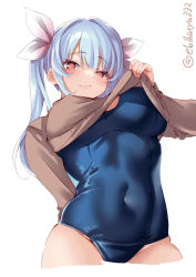 Rule 34 | 1girl, alternate costume, arm behind back, blue hair, blue one-piece swimsuit, blush, breasts, closed mouth, clothes lift, colored eyelashes, cropped legs, ebifurya, flower-shaped pupils, groin, hair between eyes, hair intakes, half-closed eyes, highres, i-19 (kancolle), kantai collection, large breasts, lifting own clothes, long hair, long sleeves, one-hour drawing challenge, one-piece swimsuit, parted bangs, ribbon, school swimsuit, simple background, smile, solo, swimsuit, swimsuit under clothes, symbol-shaped pupils, tri tails, twitter username, white background, white ribbon