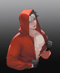Rule 34 | 1boy, abs, bara, batman (series), black gloves, black hair, blue eyes, dc comics, gloves, gradient background, highres, hood, hood up, hooded jacket, jacket, jason todd, large pectorals, looking at viewer, male focus, multicolored hair, muscular, muscular male, nipples, partially unzipped, pectorals, red jacket, short hair, tongue, tongue out, trna, two-tone hair, upper body, white hair, zipper, zipper pull tab