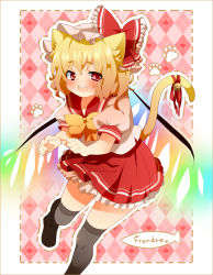 Rule 34 | 1girl, alternate costume, animal ears, bad id, bell, blonde hair, blush, cat ears, cat girl, cat tail, female focus, flandre scarlet, glowing, hat, jingle bell, kamiyama aya, kemonomimi mode, red eyes, ribbon, school uniform, short hair, side ponytail, solo, tail, tail bell, tail ornament, thighhighs, touhou, wings
