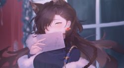 Rule 34 | 1girl, animal ear fluff, animal ears, arknights, blurry, blurry background, blush, braid, breasts, bright pupils, brown hair, card, commentary request, covered mouth, covering own mouth, depth of field, earrings, extra ears, eyelashes, floating hair, fur-trimmed jacket, fur-trimmed sleeves, fur trim, hair between eyes, hair over one eye, half-closed eye, hand up, high collar, highres, holding, holding card, indoors, jacket, jewelry, layered sleeves, long hair, long sleeves, looking at viewer, low side ponytail, medium breasts, mole, mole above eye, official alternate costume, open clothes, open jacket, penance (arknights), penance (occasionally flushed) (arknights), ribbed sweater, shadow, side braid, side ponytail, single braid, single earring, single off shoulder, solo, standing, straight hair, sweater, swept bangs, turtleneck, turtleneck sweater, upper body, vertical-striped sweater, white jacket, white pupils, window, wolf ears, wolf girl, yellow eyes, yunnasu