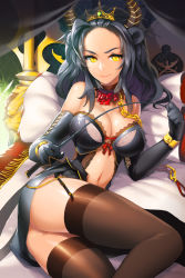 Rule 34 | 1girl, animal ears, ass, bare shoulders, bdsm, bed, black gloves, black hair, black thighhighs, breasts, chain, character request, cleavage, collar, elbow gloves, flower, garter straps, gloves, highres, horns, large breasts, long hair, looking at viewer, lying, navel, on side, pillow, red flower, red rose, riding crop, rose, shiny skin, slave, slit pupils, smile, snowball22, solo, sword girls, thighhighs, tiara, yellow eyes