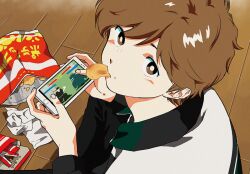 Rule 34 | 1boy, biting, blush, brown eyes, brown hair, chips (food), food, ganbare! nakamura-kun!!, holding, holding phone, looking at viewer, looking back, looking up, male focus, on floor, phone, playing games, potato chips, retro artstyle, shundei (enig)