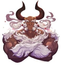 Rule 34 | absurdres, arms behind head, bald, bara, beard, cropped torso, crossed arms, dark-skinned male, dark skin, draph, facial hair, ghandagoza, granblue fantasy, hairy, highres, horns, huge eyebrows, large pectorals, long beard, male focus, mature male, muscular, muscular male, mutton chops, nude, old, old man, pectorals, smile, soulkiba, sparkling aura, thick arm hair, thick back hair, thick chest hair, tied beard, upper body, very hairy, white hair
