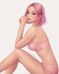 Rule 34 | 1girl, bad id, bad pixiv id, blush, bra, breasts, forehead, lips, looking at viewer, original, panties, pink bra, pink eyes, pink hair, pink panties, profile, short hair, small breasts, solo, umigraphics, underwear, underwear only, white background