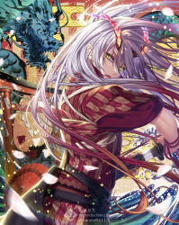 Rule 34 | 1boy, chinese zodiac, commentary request, dragon, dragon boy, dragon horns, eastern dragon, egasumi, falling petals, floating hair, gradient hair, grey hair, highres, holding, holding sword, holding weapon, horns, japanese clothes, katana, kimono, long hair, looking at viewer, male focus, multicolored hair, new year, original, petals, red hair, sheath, slit pupils, solo, suzuka nene, sword, unsheathing, upper body, weapon, year of the dragon, yellow eyes