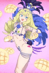 Rule 34 | 1girl, ass, blonde hair, blue eyes, bread, breasts, c-string, carnival, covered erect nipples, crown, drill hair, food, fukuouji laura, gem, headdress, heart, highres, jewelpet (series), jewelpet magical change, long hair, maebari, melon bread, nipple tassels, pasties, pearl (gemstone), revealing clothes, small breasts, solo, strapless bottom, tiara, xxzero