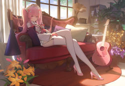 Rule 34 | 1girl, acoustic guitar, ahoge, azur lane, breasts, catsmoon, cleavage, closed mouth, commentary request, couch, crossed legs, day, flower, gloves, guitar, half gloves, hat, hibiscus, high heels, highres, indoors, instrument, light smile, long hair, looking at viewer, nurse, nurse cap, official alternate costume, on couch, perseus (azur lane), perseus (unfamiliar duties) (azur lane), phonograph, pink footwear, pink gloves, pink hair, plant, potted plant, red eyes, sidelocks, sitting, solo, sunlight, thighhighs, twintails, very long hair, white thighhighs, window