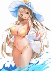 Rule 34 | 1girl, absurdres, afindex, bare legs, bare shoulders, bikini, blue archive, breasts, cleavage, front-tie bikini top, front-tie top, green eyes, hat, highres, large breasts, light brown hair, long hair, looking at viewer, navel, nonomi (blue archive), nonomi (swimsuit) (blue archive), open mouth, shirt, side-tie bikini bottom, simple background, smile, solo, stomach, sun hat, swimsuit, very long hair, wading, white background, white hat, white shirt, yellow bikini