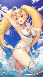 Rule 34 | 1girl, :d, ahoge, akashic chronicle, arm up, armpits, blonde hair, blue sky, breasts, casual one-piece swimsuit, cleavage, clothing cutout, cloud, day, eyewear on head, frilled swimsuit, frills, heart, heart-shaped eyewear, highres, large breasts, layla (akashic chronicle), long hair, looking at viewer, navel, navel cutout, one-piece swimsuit, open mouth, outdoors, pink-tinted eyewear, red eyes, round teeth, sky, smile, solo, sunglasses, sunglasses on head, sunlight, swimsuit, teeth, thighs, tinted eyewear, upper teeth only, v, very long hair, wading, water, white one-piece swimsuit, y.i. (lave2217)