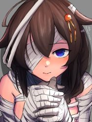 Rule 34 | 1girl, absurdres, ahoge, bandage over one eye, bandaged arm, bandaged hand, bandaged head, bandages, blue eyes, braid, breasts, brown hair, hair flaps, hair ornament, hair over shoulder, highres, holding hands, kantai collection, male hand, medium breasts, shigure (kancolle), shigure kai ni (kancolle), single braid, solo focus, umibudou